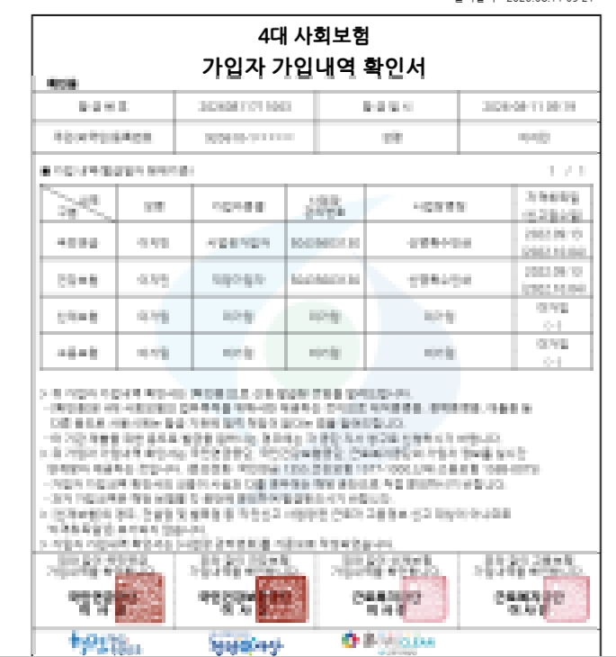 4대사회보험 가입자 가입내역 확인서